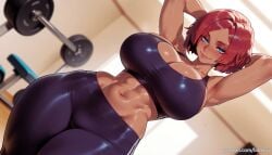 ai_generated armpits arms_behind_head arms_up balecxi blue_eyes breasts cleavage dark-skinned_female exercise female giovanna_(guilty_gear) guilty_gear guilty_gear_strive gym looking_at_viewer navel pants red_hair short_hair smile solo sports_bra sweat thick_thighs yoga_pants