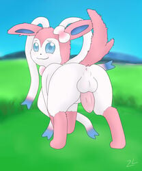 2013 anus ass balls blue_eyes blush bow eeveelution feral fur generation_6_pokemon hair looking_at_viewer male male_only multicolored_hair nintendo penis pokemon pokemon_(species) ribbons smile solo spreading sylveon video_games zekromlover