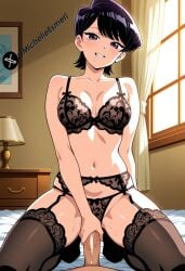 ai_generated anime bedroom blowjob bra breasts female heels hentai high_heels komi_can't_communicate komi_shuuko lingerie mature_female michellesme milf night penis stockings sucking_penis