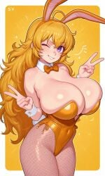 1girls ai_generated blonde_hair bowtie bunny_ears bunny_girl bunnysuit bursting_breasts collar double_v fishnet_legwear fishnet_stockings fishnets huge_breasts kosine1777 leotard long_hair purple_eyes rooster_teeth rwby smile wink yang_xiao_long yellow_leotard