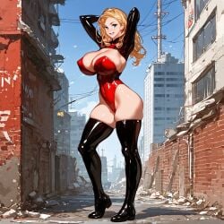 ai_generated ass blonde_female blonde_hair breasts civitai female latex_gloves latex_suit leotard pussy red_leotard rindou_aya_style