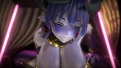 1girl animated astaroth_(shinrabanshou) audible_creampie audible_ejaculation black_sclera blue_hair blue_skin bouncing_breasts bouncing_on_penis bridal_gauntlets cowgirl_position curtains elf_ears horns huge_breasts indoors jewelry looking_at_viewer pov shinrabanshou straddling tagme taka84 thighhighs video yellow_eyes