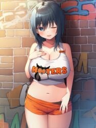 against_wall ai_generated black_boxers black_hair blue_eyes blush boxers brick_wall cleavage crop_top crotch_seam employee employee_uniform facing_viewer fingernails graffiti hair_between_eyes hand_on_own_chest hooters hooters_uniform large_breasts legs_together looking_at_viewer mature_female medium_hair microshorts name_tag navel one_eye_closed open_mouth orange_shorts owl pink_lips sagging_breasts seductive shorts_pull text_on_clothing text_on_crop_top tongue white_crop_top