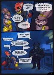 anthro big_breasts bovid bovine bow_tie breasts buckteeth buffalo canid canine canis clothed clothing comic controller dialogue digital_media_(artwork) disney dress english_text eye_patch eyewear feet female fox fur green_eyes grey_body group hi_res holding_controller holding_object holding_remote_control horn judy_hopps lagomorph leporid male mammal nick_wilde one_eye_obstructed open_mouth rabbit red_fox remote_control side_boob smile speech_bubble standing suit tail teeth text toes trio true_fox wabutt zootopia