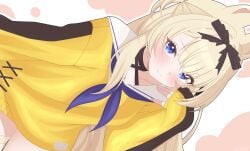 bangs black_choker blonde_hair blue_eyes blush bow choker closed_mouth eyebrows_visible_through_hair female hair_between_eyes long_hair long_sleeves looking_at_viewer solo vyugen yellow_dress yenko