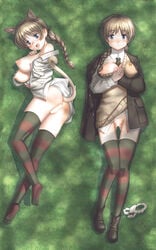 1girls ass blue_eyes blush braid breast_slip breasts brown_hair censored clothing dakimakura feet female large_breasts legs long_hair lying lynette_bishop military navel nipples on_back one_breast_out open_clothes open_mouth open_shirt panties panties_removed pussy single_braid smile solo stockings strike_witches striped striped_legwear tail thighhighs underwear uniform youkai_ankake