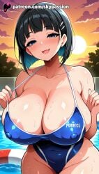 1girls 2025 ai_assisted ai_generated anime areola areola_slip areolae artist_name bangs beach black_hair blue_eyes blue_swimsuit blush breast breasts breasts breasts bursting_breasts bust chest cleavage cloud cloudy_sky competition_swimsuit covered_nipples dusk evening explicit eyebrows_visible_through_hair female giant_breasts gradient_sky hair_ornament hairclip half-closed_eyes heavy_breasts hi_res high_quality high_resolution highres horizon huge_boobs huge_breasts kirigaya_suguha looking_at_viewer massive_boobs massive_breasts mountainous_horizon ocean oerba_yun_fang one-piece_swimsuit open_mouth orange_sky outdoors patreon patreon_username pool red_sky school_swimsuit shore short_hair sky skypassion smile solo stable_diffusion sun sunset swimsuit swimsuit_pull sword_art_online sword_art_online:_alicization twilight wading water watermark wet yellow_sky