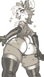 ambiguous_gender anthro armwear ass big_butt bodily_fluids clothing clothing_pull crown deer female headgear hi_res legwear low-angle_view mammal panties panty_pull queervanire solo stockings sweat underwear underwear_pull