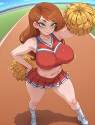1girls ai_generated big_breasts blush breasts cheerleader cheerleader_uniform female kim_possible kimberly_ann_possible large_breasts long_hair looking_at_viewer luckypathai midriff navel pleated_skirt pom_poms skirt solo