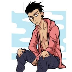 abs alternate_universe big_ears cigarette cigarette_in_mouth ear_piercing jeans knees male_only muscular muscular_male original_character pecs pink_hoodie ripped_clothing ripped_jeans slicked_back_hair smoking_cigarette snakebite_piercing solo_male stretched_ears unbuttoned_shirt undercut
