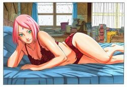 1girls accurate_art_style ai_generated arm_support ass bare_legs bare_shoulders bed blush boruto:_naruto_next_generations bra breasts cleavage female female_only from_behind g-string green_eyes hair_ornament hairband huge_ass indoors inviting inviting_to_sex light-skinned_female light_skin lingerie lingerie_only lying lying_on_bed lying_on_side manga_style nai_diffusion naruto naruto_(series) navel on_bed on_side pale-skinned_female pale_skin panties pink_hair pinup sakura_haruno sitting sitting_on_bed smile solo solo_focus thick_thighs thighs thong underwear_only