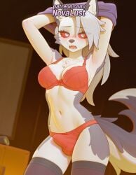 1boy 1futa 2025 ai_generated animal_ears artist_name blush bra futanari helluva_boss hi_res high_quality high_resolution highres horns intersex loona_(helluva_boss) male navel novalust panties patreon patreon_username red_eyes solo stable_diffusion tail underwear watermark white_hair
