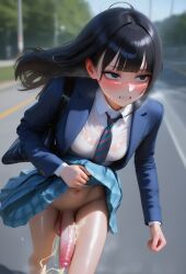 1futa 1girls after_masturbation ai_generated balls big_penis black_eyes black_hair blazer blunt_bangs blush breasts clenched_teeth cum cum_drip cum_string day devaster dickgirl embarrassed female futa_focus futanari half_closed_eyes intersex japanese_school_uniform long_hair necktie outdoors penis road running school_bag school_uniform schoolgirl schoolgirl_uniform skirt skirt_lifted_by_self small_breasts solo sweat teeth testicles veiny_penis