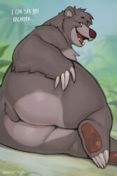 1boy 2025 2:3 anthro ass baloo bear big_butt black_body black_fur countershade_butt countershade_fur countershading english_text fur head_tuft hi_res inviting kokosetto legs_together looking_at_viewer looking_back looking_back_at_viewer lying male male_only mammal nude nude_male on_side open_mouth open_smile outdoor_nudity overweight overweight_male pawpads presenting presenting_hindquarters rear_view short_tail sloth_bear smile solo tail text the_jungle_book tuft ursine