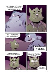 after_sex anthro blush bodily_fluids canid canine canis closed_eyes comic cum cum_drip cum_on_chest cum_on_face cum_on_shoulder cute_fangs dialogue domestic_dog dripping drooling duo embarrassed english_text eye_contact fangs fish five_frame_image fur genital_fluids gills green_body green_fur green_hair grey_body hair hand_behind_head hi_res hopeful isaac_(t0l0k) looking_aside looking_at_another male male/male mammal marine mohawk neck_fin nipples non-mammal_nipples saliva shark smile speech_bubble sweat t0l0k ted_(t0l0k) teeth teeth_showing text whiskers