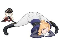 2girls absurdres ascot azur_lane bed_sheet bismarck_(azur_lane) bismarck_zwei_(azur_lane) black_boots black_cape black_hat blonde_hair blue_eyes blue_hat blue_jacket boots breasts cape chibi commentary earrings english_commentary flower frills full_body gloves hat hat_flower highres hood_(azur_lane) hood_(gentlewoman_and_stallion)_(azur_lane) jack-o'_challenge jacket jewelry knee_boots large_breasts long_hair long_sleeves looking_at_viewer military_hat military_uniform multiple_girls o_o official_alternate_costume pants pants_tucked_in parallelrey peaked_cap riding_boots riding_outfit simple_background smile spread_legs surprised tilted_headwear top-down_bottom-up white_background white_gloves white_pants wide_spread_legs