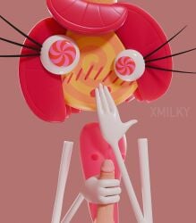 1boy 1girls 3d accurate_art_style blush blush candy candy_girl female flat_chest flat_chested handjob masturbating pink_eyes pink_nipples princess_loolilalu pseudo_hair the_amazing_digital_circus x3milky zxxxarts