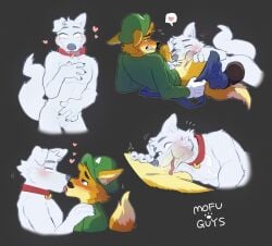 2boys anthro balls black_background blush blush_lines bodily_fluids canid canine canis clothing collar cum cum_inside domestic_dog duo ears_back ejaculation empty_eyes facial_hair fellatio fox fur genital_fluids genitals ghost hat headgear headwear heart_symbol hi_res kemono kissing luigi luigi's_mansion male male/male male_penetrated male_penetrating male_penetrating_male mammal mario_(series) mofu_(artist) mofu_guys moustache multicolored_body multicolored_fur nintendo nude nude_male oral orange_body orange_fur orgasm overalls_down penetration penile penis pivoted_ears pointy_ears polterpup sex shirt simple_background spirit sweat sweatdrop topwear translucent two_tone_body two_tone_fur white_body white_fur