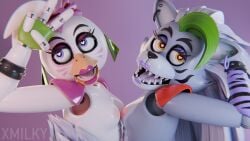 2girls 3d 3d_(artwork) accurate_art_style anthro avian avian_humanoid beak breasts breasts_pressed_together five_nights_at_freddy's five_nights_at_freddy's:_security_breach furry glamrock_chica_(fnaf) heart-shaped_pupils high_resolution highres medium_breasts nipples on_model pink_lipstick purple_eyes purple_lipstick robot robot_girl robot_humanoid roxanne_wolf_(fnaf) wolf wolf_ears wolf_girl wolf_humanoid wolf_tail x3milky yellow_eyes
