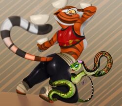 absurd_res anthro ass balancing breasts digital_media_(artwork) dreamworks duo felid female feral fur green_body green_scales hi_res kung_fu_panda looking_back mammal markings master_tigress master_viper nipples orange_body orange_fur pantherine reptile scales scalie snake stripes thewizardstick tiger viper