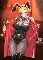 1girl absurdres alcohol alternate_costume animal_ears azur_lane bar_(place) black_boots black_leotard black_pantyhose blonde_hair blue_eyes boots bow bowtie breasts cake closed_mouth coat covered_navel cowboy_shot detached_collar fake_animal_ears female food glass hair_over_shoulder highres hood_(azur_lane) indoors jewelry kghazir large_breasts leotard long_hair looking_at_viewer open_clothes open_coat pantyhose playboy_bunny product_placement rabbit_ears ring smile smirk solo strapless strapless_leotard the_famous_grouse thigh_boots undressing union_jack_print wedding_ring whiskey