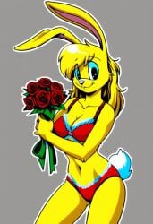 ai_generated female female_only furry holding_flower jazz_jackrabbit_(series) lori_jackrabbit red_bikini red_flower red_rose rose self_upload