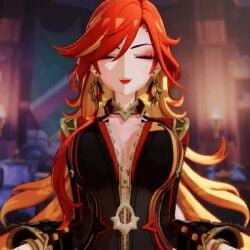 1girls 3d animated babyc3d breast_expansion breasts female female_focus genshin_impact hoyoverse huge_breasts looking_at_viewer mavuika_(genshin_impact) mihoyo motorcycle_suit no_sound open_mouth red_eyes red_hair tagme video