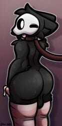 anthro ass big_butt big_penis black_body bodily_fluids canid changed_(video_game) clothing collar genitals hi_res latex_creature leash legwear looking_back male mammal one_eye_closed penis puro_(changed) simple_background solo stockings sweat sweatdrop tongue tongue_out velixx wink