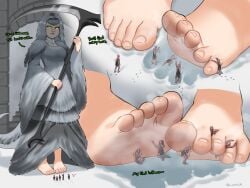 barefoot crossbreed_priscilla dark_souls feet fluffy fluffy_tail foot_fetish foot_focus foot_worship footprint fromsoftware giantess green_eyes horns loodrick micro size_difference slit_pupils snow text toes white_hair