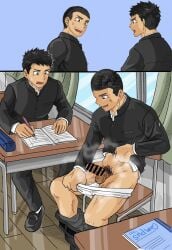 2boys balls black_hair blush bottomless briefs brown_eyes buzz_cut censor_bar censored censored_penis classroom clothes_lift confident curtains dark_penis erection foreskin gakuran gay grey_eyes hi_res imokuma looking_at_penis male male_only mature_male notebook original original_character pants_down pencil pencil_case penis pointless_censoring pubic_hair school school_desk school_uniform short_hair showing_penis sitting steam steamy_penis student sweat sweatdrop tiled_floor uncircumcised uncut underwear_down unretracted_foreskin white_briefs window yaoi