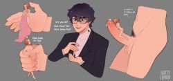 1boy akira_kurusu auburn_hair black_hair brown_hair clothed clothing color cum dominant_male female female giant giant_male glasses haru_okumura joker_(persona) katty_lemon larger_male macro male micro nude panties penis persona persona_5 pink_hair precum pubic_hair ren_amamiya size_difference smaller_female speech straight submissive_female text topwear