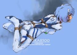 arms_behind_back artist_name ayanami_rei bad_id blue_background blue_hair bodysuit bondage bondage bondage bound bound_ankles bound_arms bound_legs bound_wrists breasts commentary crossed_ankles female female_focus from_above full_body gagged gloves interface_headset_(evangelion) looking_at_viewer looking_back looking_up lying mecha_pilot_suit neon_genesis_evangelion on_stomach plugsuit_(evangelion) red_eyes restrained shadow shibata_masahiro short_hair small_breasts solo spread_legs watermark web_address white_bodysuit white_gloves worried