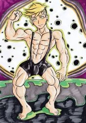 abs adrien_agreste barefoot blonde_hair bulge bulge_through_clothing calves colorful_background ear_piercing ear_plugs fetish_wear flexing_bicep green_eyes half_naked looking_at_viewer lorgistamanrakk_(artist) miraculous_ladybug muscular muscular_male muscular_thighs nipples pecs raised_heel rubber_clothing shaved_head shaved_side smiling_at_viewer smooth_armpits smooth_chest smooth_skin smooth_skinned_male spandex stretched_ears tanned tanned_male tanned_skin undercut wrestling_singlet