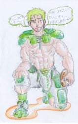 abs biceps big_bulge bulge cleats costume earrings erection erection_in_shorts erection_under_clothes green_hair hypnosis kneeling laces muscular muscular_male one_leg_on_ground one_leg_up one_piece pecs roronoa_zoro rugby_ball rugby_uniform shorts sports_uniform