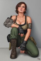 1girls ai ai_generated boots breasts brown_hair camouflage camouflage_clothing cum cum_on_breasts cum_on_face female female_focus female_only fingerless_gloves green_pants grey_background kneeling konami meryl_silverburgh metal_gear_solid moles moles_on_breasts pants quinzo11 self_upload short_hair tank_top tanktop teeth_visible