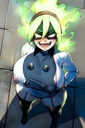 ai_generated asian asian_female big_breasts boku_no_hero_academia breasts breasts_bigger_than_head burnin_(my_hero_academia) clothed clothed_female cocky cocky_smile confident confrontation curvy domino_mask enormous_breasts eye_mask female fiery_hair fire flame_hair garter_straps green_hair hand_on_hip hero_outfit_(mha) heroine heroine_in_trouble huge_breasts large_breasts light_skin long_hair looking_at_viewer looking_up mask moe_kamiji my_hero_academia nipple_bulge nipples nunamiai open_mouth pale_skin shadow silhouette smile standing stockings superheroine sweat sweaty thick_thighs thighhighs thighs tight_clothes tight_clothing transparent_clothing uniform viewed_from_above voluptuous wide_hips yellow_eyes
