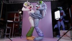 2girls 3d 3d_(artwork) accurate_art_style anthro avian avian_humanoid beak breasts breasts_pressed_together five_nights_at_freddy's five_nights_at_freddy's:_security_breach functionally_nude functionally_nude_female furry glamrock_chica_(fnaf) heart-shaped_pupils high_resolution highres medium_breasts naked naked_female nipples nude nude_female on_model peace_sign pink_lipstick purple_eyes purple_lipstick robot robot_girl robot_humanoid roxanne_wolf_(fnaf) wolf wolf_ears wolf_girl wolf_humanoid wolf_tail x3milky yellow_eyes