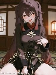 ai_generated andon_(lighting) artist_name between_legs black_nails black_shirt black_shorts blurry blush breasts brown_hair brown_shirt chinese_clothes coat collared_shirt fanbox_username female flower-shaped_pupils genshin_impact grabbing_own_breast gradient_hair hair_between_eyes hand_on_own_chest hu_tao_(genshin_impact) indoors jacket jewelry lamp lantern large_breasts long_hair long_sleeves looking_at_viewer medium_breasts mionety multicolored_hair nail_polish necktie open_mouth patreon_username red_eyes red_hair red_shirt ring saliva shirt short_shorts shorts sidelocks sitting smile solo symbol-shaped_pupils tailcoat tangzhuang tassel tatami teeth thighs tongue tongue_out twintails twitter_username very_long_hair watermark web_address yellow_eyes