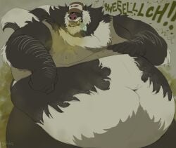 artist_name belching belly big_belly black_body black_fur burp_cloud burping cap fart fart_fetish fat fatfur fish_skeleton gassy hand_on_belly hand_on_own_belly headgear headwear hi_res male mammal mephitid musk obese obese_anthro obese_male overweight overweight_anthro overweight_male pike_(sulviez) skunk sound_effects stained_clothing striped_skunk sulviez sweat sweaty text white_body white_fur yellow_teeth