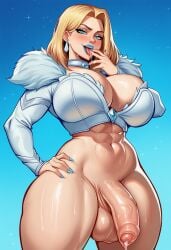 ai_generated aipixelporn blonde_female blonde_hair blue_eyes blue_lips drool drooling emma_frost emma_frost_(marvel_rivals) flaccid flaccid_penis foreskin futa_only futadom futanari leather leather_jacket licking licking_fingers marvel marvel_comics marvel_rivals testicles white_fur