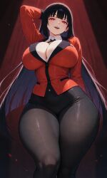 ai_generated big_breasts bigbizarts black_hair breasts cleavage curtained_hair curvaceous female hand_behind_head jabami_yumeko kakegurui light-skinned_female long_hair looking_at_viewer open_mouth red_background red_eyes smiling thick_thighs uniform wide_hips