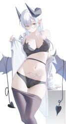 1girls 2_tails absurdres arm_support armpit_crease bare_arms bare_shoulders black_bra black_panties blue_eyes bra breasts brown_nails cleavage closed_mouth clothes_pull demon_girl demon_horns demon_tail demon_wings female female_only fingernails frown glasses grey_pantyhose hair_behind_ear highres horns large_breasts long_fingernails long_hair long_sleeves looking_at_viewer multi_tail nail_polish navel off_shoulder open_clothes open_shirt original panties pantyhose pantyhose_pull partially_visible_vulva pointy_ears pubic_tattoo pussy round_eyewear shirt single_bare_shoulder skindentation smile solo stomach succubus tail tanishi_(hetianming11093) tattoo thea_(nekojira) thick_thighs thighs underwear very_long_hair white_background white_hair white_shirt wings