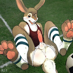 anthro anus ass balls blush erection football furry gay hindpaw jockstrap lagomorph looking_at_viewer male male_only penis precum presenting rabbit rand_(furry_artist) sitting smile socks solo tail teeth underwear vest whiskers yaoi