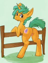 anus applecorn ass blush ass rule_63 cutie_mark equine female freckles friendship_is_magic green_hair hair horn horse looking_back my_little_pony pony pussy snail snails_(mlp) solo unicorn