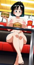 1girls ai_generated big_ass big_breasts breasts burger crossed_legs dragon_ball dragon_ball_super dragon_ball_z feet female food foot_fetish large_breasts mcdonald's nipples pan_(dragon_ball) short_hair shorts sitting solo taozaru topless