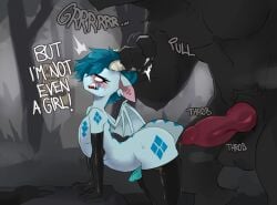 animal_genitalia animal_penis annoyed anthro arm_warmers armwear back_wings balls black_body black_fur blue_body blue_hair blue_scales blush bodily_fluids canid canine canine_genitalia canine_penis canis clothing cryozen dialogue dragon dripping duo english_text erection femboy fur genital_fluids genitals hair hi_res horn horn_grab imminent_anal imminent_sex knot legwear male male/male mammal membrane_(anatomy) membranous_wings mythological_canine mythological_creature mythological_scalie mythology penis precum precum_drip precum_string ri_denueth scales scalie sharp_teeth size_difference solo_focus sound_effects stockings teeth text unusual_anatomy unusual_genitalia unusual_penis werecanid werecanine werecreature werewolf wings wolf