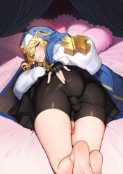 1boy absurdres aka_syakkou androgyne_symbol ass barefoot bike_shorts black_gloves blonde_hair bridget femboy fingerless_gloves gloves green_eyes guilty_gear heart heart-shaped_pillow highres hood hooded_jacket jacket looking_at_viewer looking_back lying male_focus on_back on_bed penis penis_out pillow pleated_skirt skirt solo testicles trap
