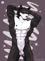 2021 abs absurd_res alexander_drake anthro areola arm_tattoo balls barazoku biped black_body black_eyebrows black_fur black_glans black_nipples black_nose blue_eyes blush canid canine canis domestic_dog elevatorvibes eyebrows facial_hair flaccid fur genitals glans goatee hands_behind_head hi_res humanoid_genitalia humanoid_penis looking_at_viewer male mammal muscular muscular_anthro muscular_male neutral_expression nipples nude one_eye_closed pecs penis pose pubes raised_arms seductive solo tattoo tennis_ace white_balls white_body white_fur white_penis