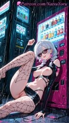 1girls 2025 ai_generated black_skirt braid breasts cleft_of_venus earrings epic_games eyeliner female female_only fishnet_thighhighs fishnets fortnite fortnite:_battle_royale grey_hair hi_res highres jewelry knee_up long_hair long_sleeves looking_at_viewer medium_breasts natsuyoru navel nipples open_mouth pantyhose patreon pussy rain sabina_(fortnite) sitting skirt smile solo stockings stomach sunglasses thighhighs twin_braids uncensored vagina vending_machine voluptuous voluptuous_female