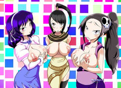 3girls blue_hair breasts female kacashi321 multiple_girls nipples skull